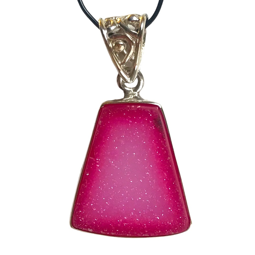 Pink Druzy Sterling Silver Necklace Pendant Artisan Handmade Jewelry Aura Quartz